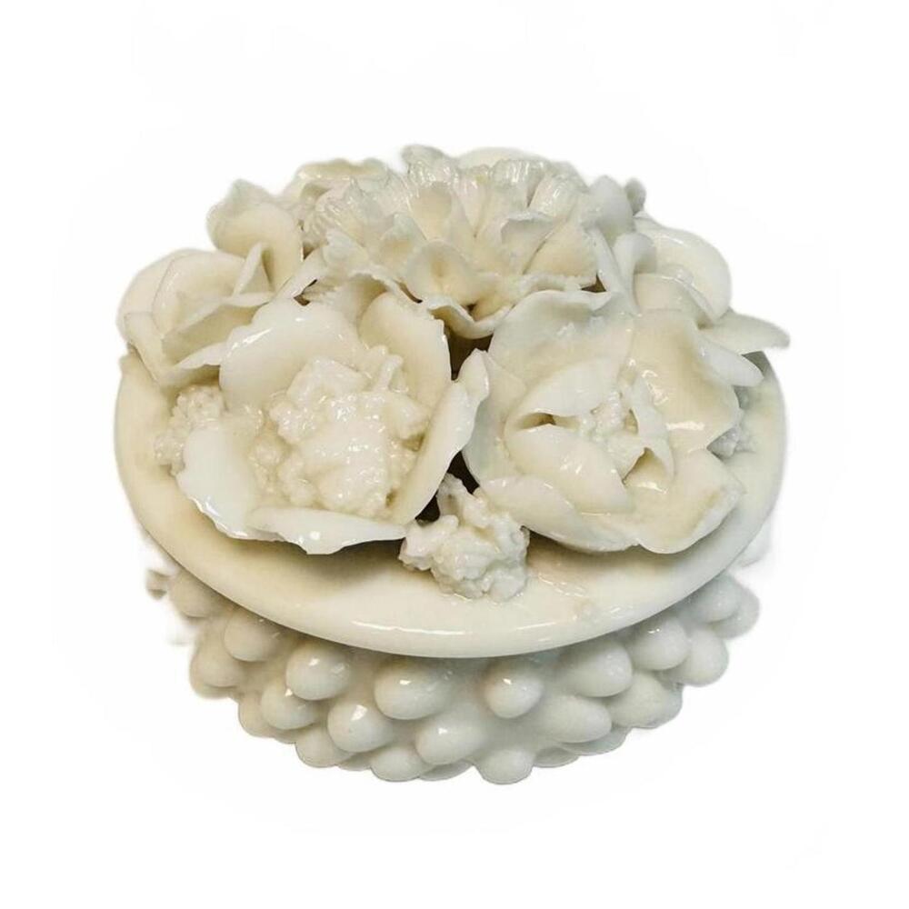 Vintage Ardalt Trinket Box Milk Glass Hobnail with Ornate Floral Lid Japan